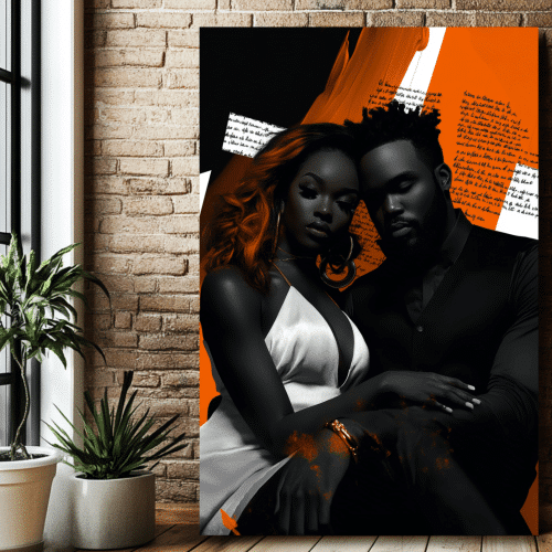 A captivating framed artwork from ALHARI Gallery, portraying a stylish Black couple against abstract orange and black elements, ideal for luxury home spaces.