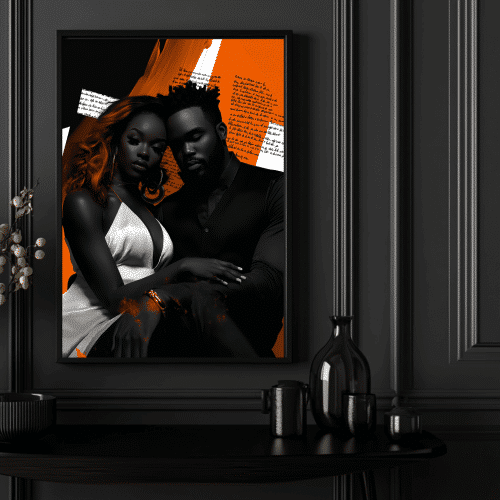 ALHARI Gallery's Black couple wall art, blending striking orange, white, and black tones for a premium addition to modern Black art collections.
