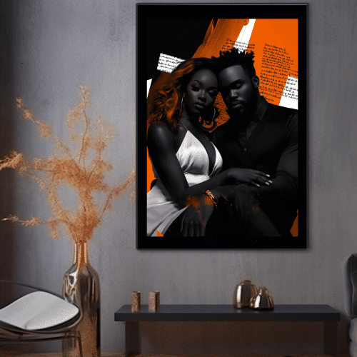 ALHARI Gallery's Black couple wall art, blending striking orange, white, and black tones for a premium addition to modern Black art collections.