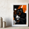 A striking modern art piece featuring an elegant Black couple in a monochromatic and vibrant orange abstract setting, showcasing ALHARI Gallery's exclusive Black art.