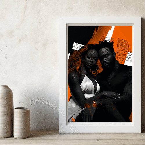 A striking modern art piece featuring an elegant Black couple in a monochromatic and vibrant orange abstract setting, showcasing ALHARI Gallery's exclusive Black art.