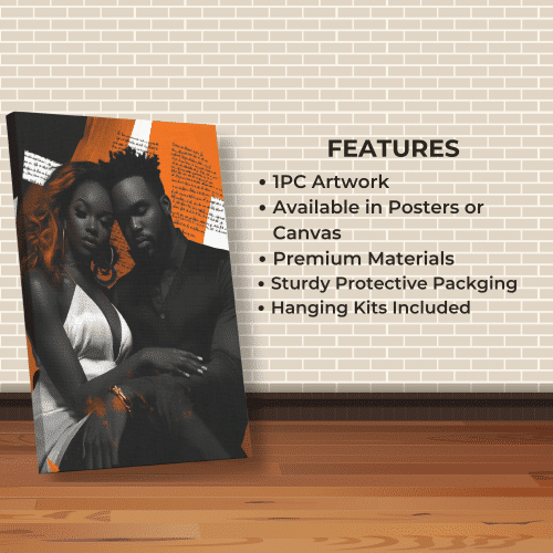 Bold ALHARI Gallery wall art with a Black couple highlighted in striking orange tones, perfect for luxury Black culture wall decor and contemporary aesthetics.