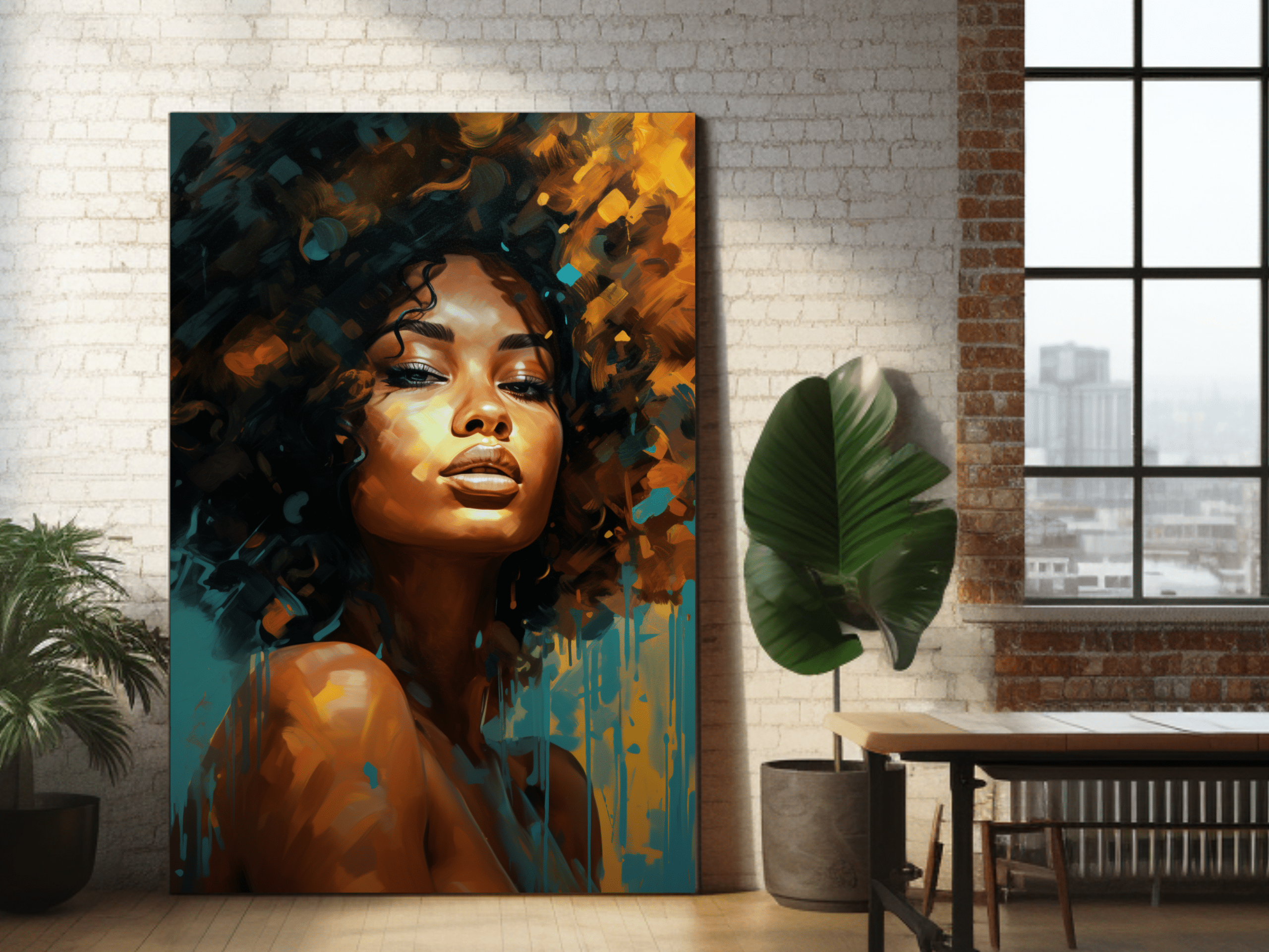 Stunning wall art showcasing a vibrant portrait of an Afro-American woman, blending modern artistry and Black heritage art, available exclusively at ALHARI Gallery