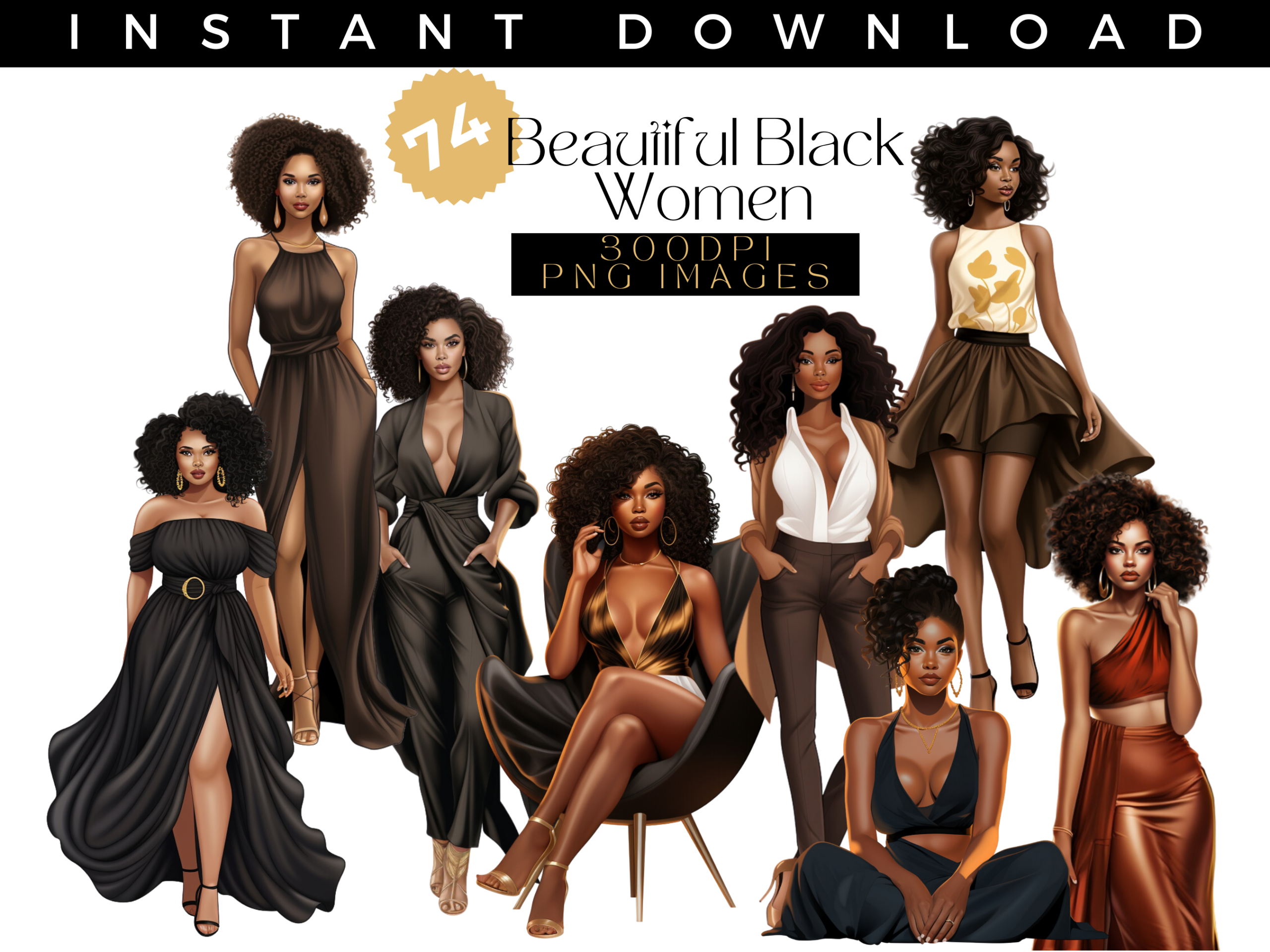 Instant download of 74 beautiful Black women PNG images, featuring diverse styles and elegance, perfect for digital projects and DIY creations from ALHARI Gallery.