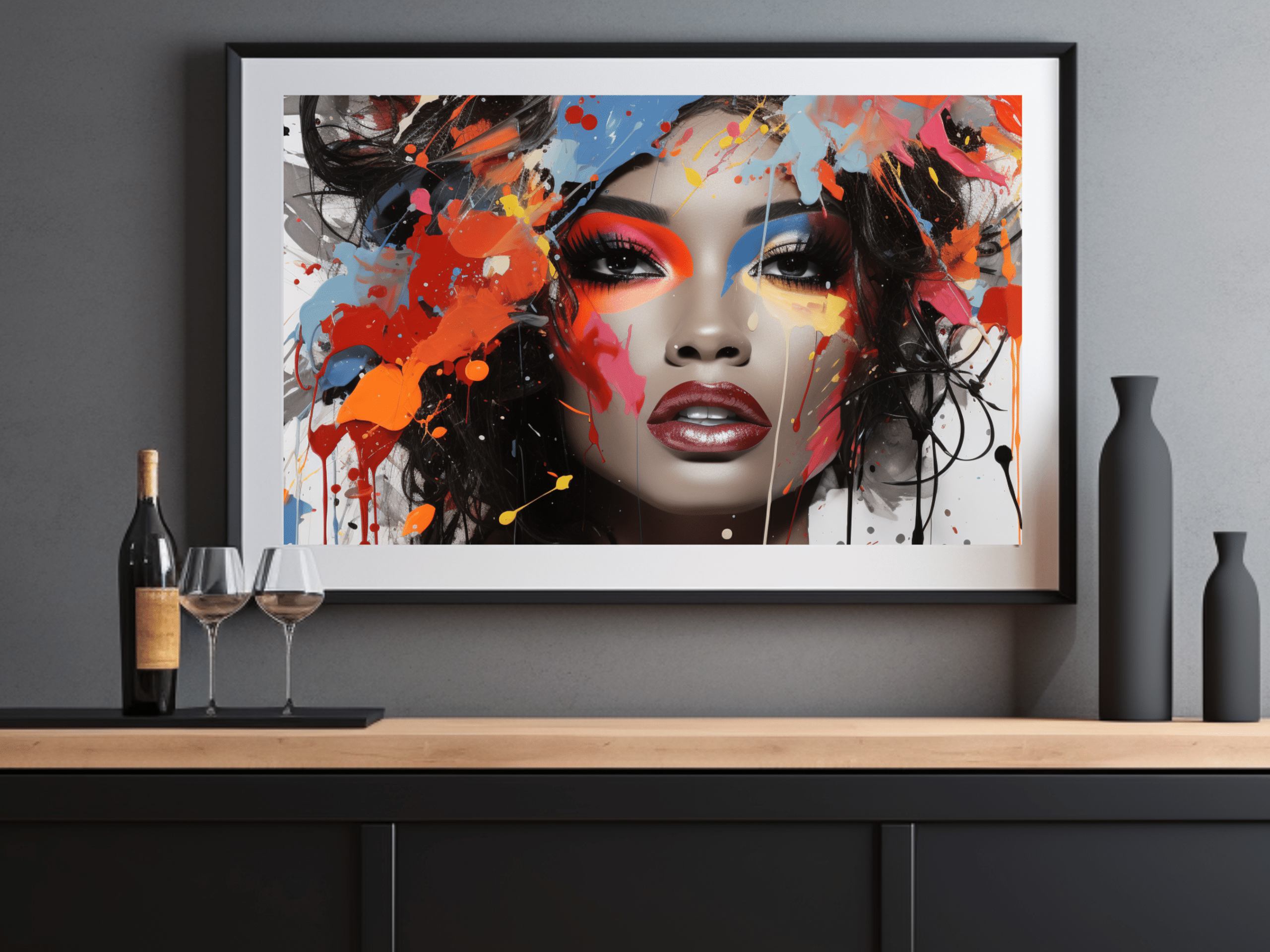 A bold and colorful framed ALHARI original, featuring a striking Black woman’s portrait. This modern Black art elevates any space, celebrating Black culture art.