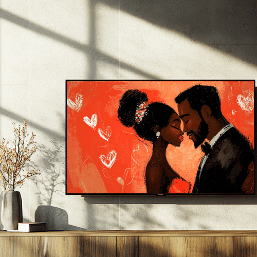 High-resolution artwork of a couple embracing, perfect for romantic TV decor and modern wall art.