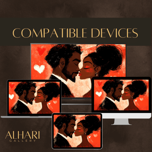 Love-themed digital painting of a couple with hearts, designed for TVs, computers, and tablets.