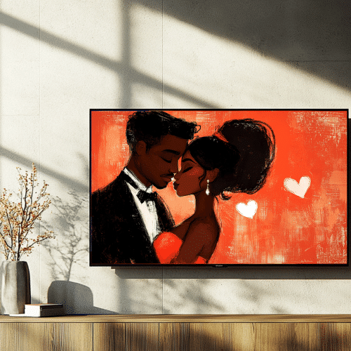 Modern digital art featuring a couple with bold red hues, ideal for smart TV decor and home ambiance.